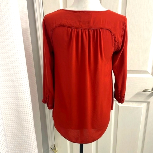 Anthropologie Maeve Burnt Orange 3/4 Sleeve Buttoned Blouse with Crochet Front - Picture 6 of 11